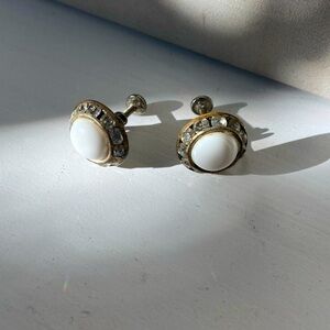 Vintage White Milk Glass Stone and Crystal Screw Back Earrings